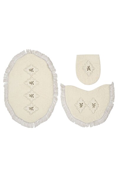 Alanur Home Queen Zambak Şekilli Nakışlı Banyo 3'lü Klozet Takımı Krem