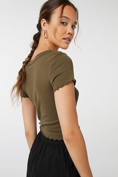 Ardene Cropped V-Neck Tee with Lettuce-Edge
