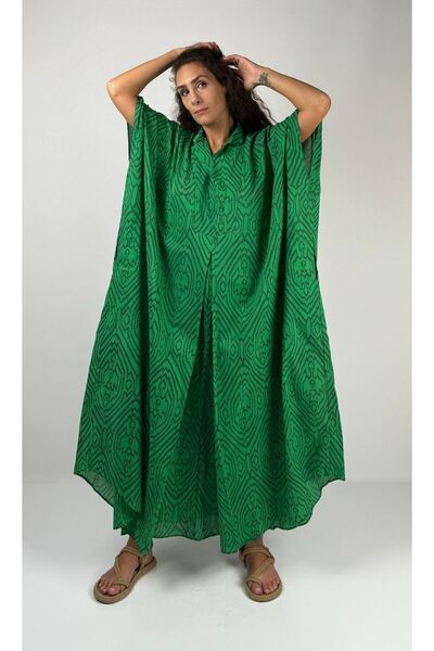 Socrates HERA UZUN Kaftan Desenli El Baskısı Oversize  Midi Boy