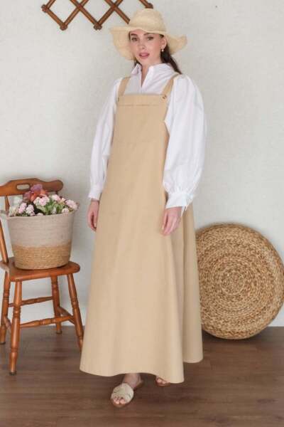 Ceylan Otantik Linen Crop Shirt and Salopet Set - Cream, White, Classic Collar