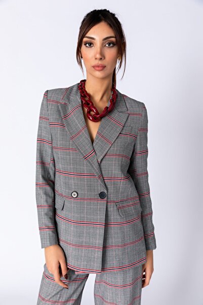 TUSSMADE سترة بليزر رمادية حمراء مخططة