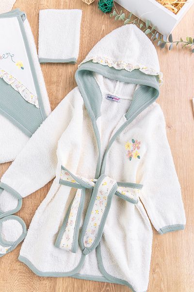 Babymod Floral Embroidered Frilly 4 Piece Cotton Baby Girl Towel Bathrobe Set