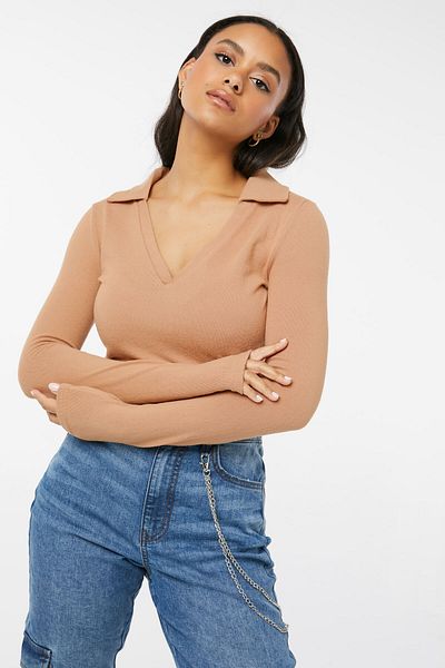 Ardene Johnny Collar Long Sleeve Cropped Top