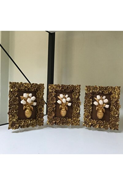 busraconcept Çiçekli Çerçeveli Tablo 3 Lü Küçük Boy , Masa Duvar Dekoratif Ak...