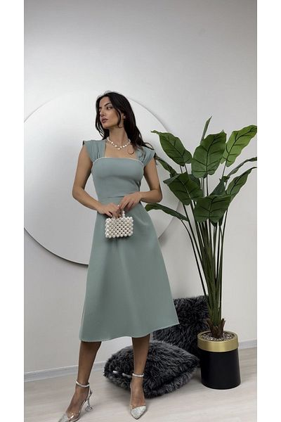 mafdress Mint Midii Evening Dress - Graduation Dress with Pearl Detail