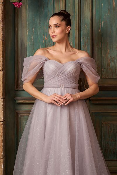 Lenta Moda Gray Glitter Maxi Length Transparent Evening Dress - Belt Detailed Evening Dress