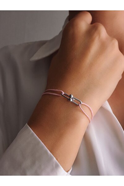 Eva Takı Tiffan Ataç Model Deri Ipli El Yapımı Silver Pembe Renkli Bileklik
