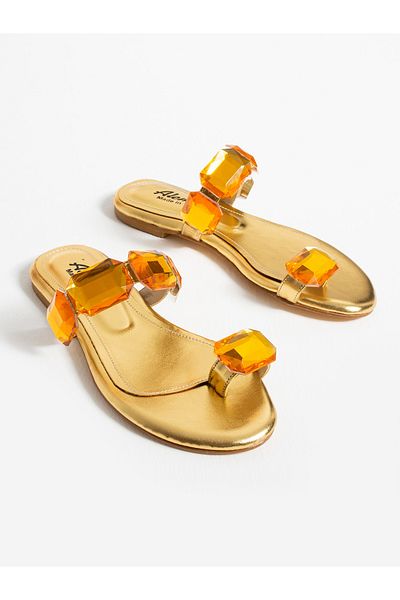 Alemdar Shoes SUNY Gold Women's Slippers - Stone Detailed