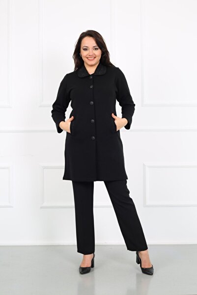 YASEŞA BUTİK Anne - Kadın Siyah Bebe Yaka Düğmeli Çelik Örgü Triko Kaban Hırka