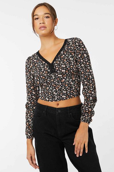 Ardene V-Neck Lace Trim Long Sleeve Top
