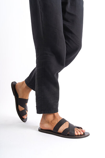 DaphneSandals Ανδρικές Παντόφλες Γνήσιο Δερμάτινο Καφέ - M1009