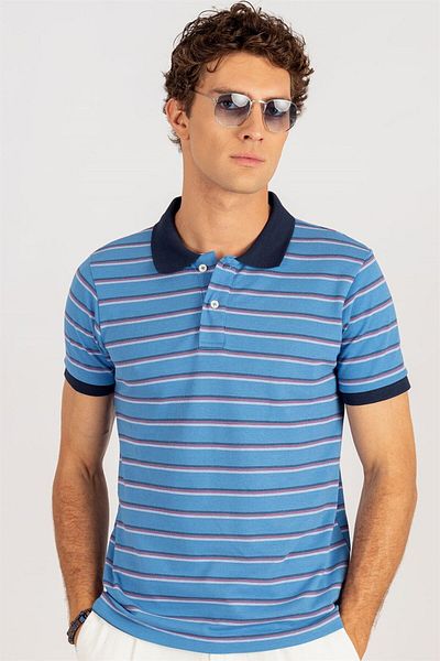 Tudors Tricou pentru bărbați, slim fit, 100% bumbac, cu dungi albastre, cu guler polo
