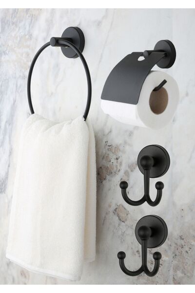 evina Banyo Aksesuar Seti Yuvarlak Havluluk Kapaklı Tuvalet Kağıtlığı Bornozluk X2 - Mat Siyah