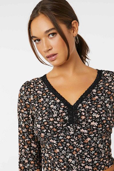 Ardene V-Neck Lace Trim Long Sleeve Top