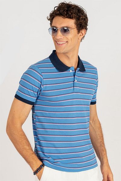 Tudors Tricou pentru bărbați, slim fit, 100% bumbac, cu dungi albastre, cu guler polo