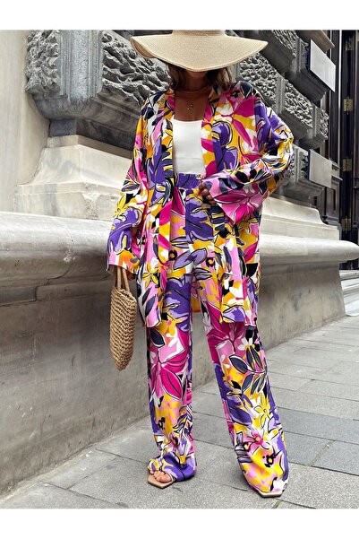 forte bella مجموعة سراويل كيمونو نسائية منقوشة بأوراق شجر متعددة الألوان