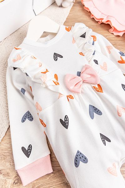 Babymod Heart Patterned Baby Girl Jumpsuit with Ruffled Hat