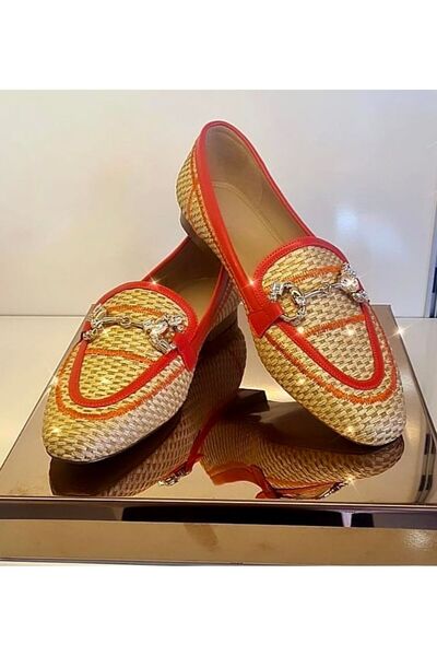 purple shoes Hasır kırmızı gold metal toka detaylı babet