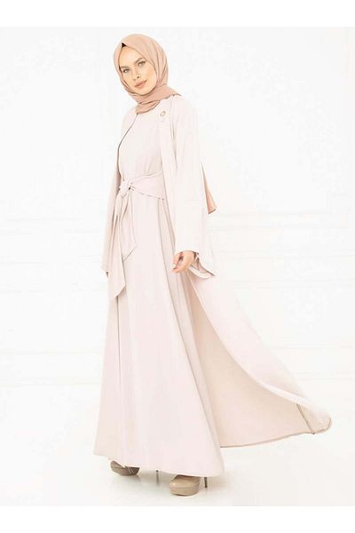 Beyza Μπεζ Χρώμα Φαρδιά Μανσέτα Δεμένη Abaya 3249