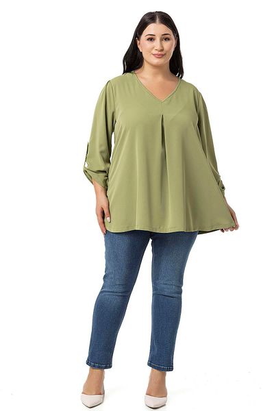 DISENTIS MODEST Green Green - V-Neck Plateau Oversize Blouse with Folded Sleeves