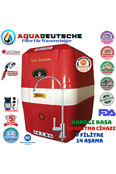 AQUA DEUTSCHE PLUS KIRMIZI-BEYAZ 12 LİTRE 7 FİLİTRE 14 AŞAMA POMPALI SU ARITM...