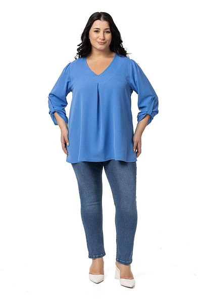 DISENTIS MODEST V-Neck Indigo Blouse - Plus Size, Pleated Fold, Sleeves