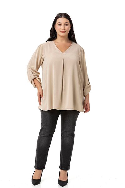 DISENTIS MODEST V-Neck Plateau Beige Plus Size Blouse - Folded Sleeves