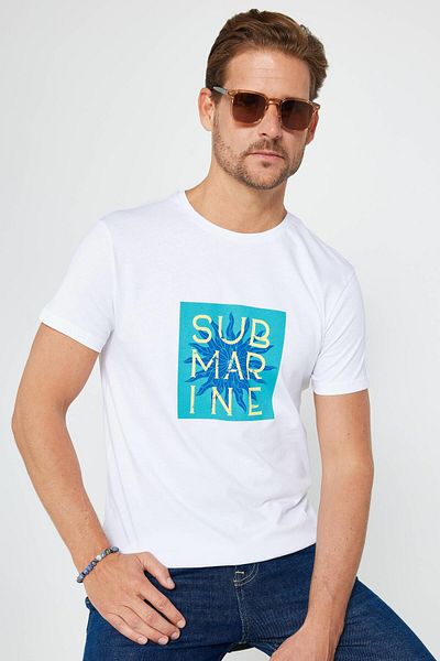 Tudors Ανδρικό T-shirt Slim Fit Slim Fit 100% βαμβακερό τυπωμένο λευκό μπλουζάκι με λαιμόκοψη