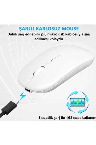 BGZ STORE Kablosuz Bluetooth Şarjlı 2.4Ghz Mouse Tablet Telefon Pc Uyumlu- Sessiz Tıklama