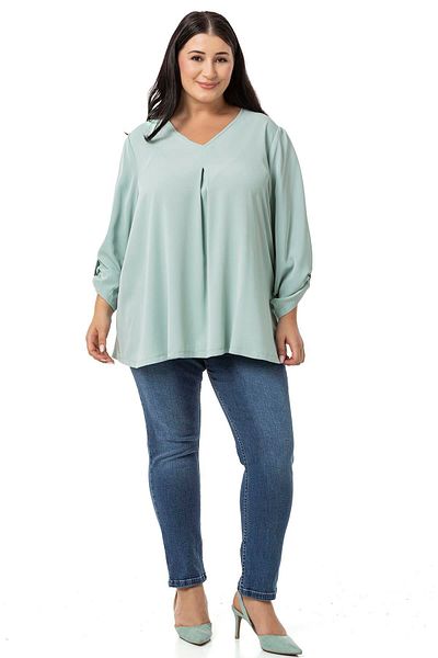 DISENTIS MODEST Mint Green V-Neck Plateau Plus Size Blouse - Folded Sleeve