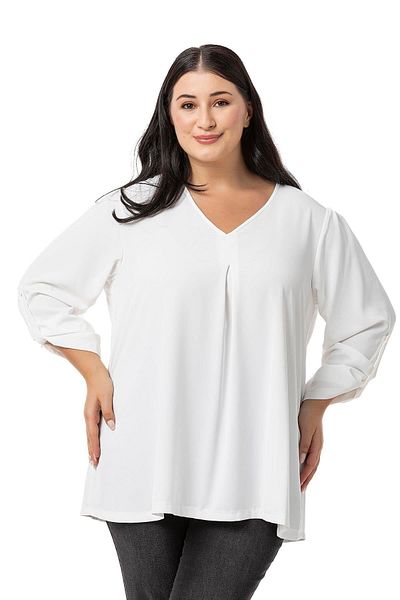 DISENTIS MODEST V-Neck White Blouse - Plus Size, Pleated and Folded Sleeves