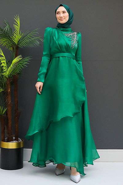 GİZ AGİYİM Βραδινό φόρεμα Forest Green Stone Λεπτομερές Organza