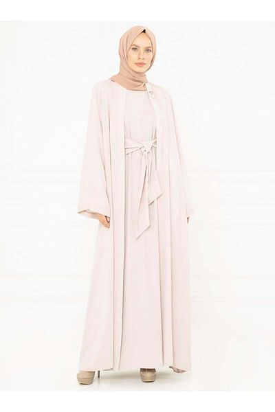 Beyza Μπεζ Χρώμα Φαρδιά Μανσέτα Δεμένη Abaya 3249