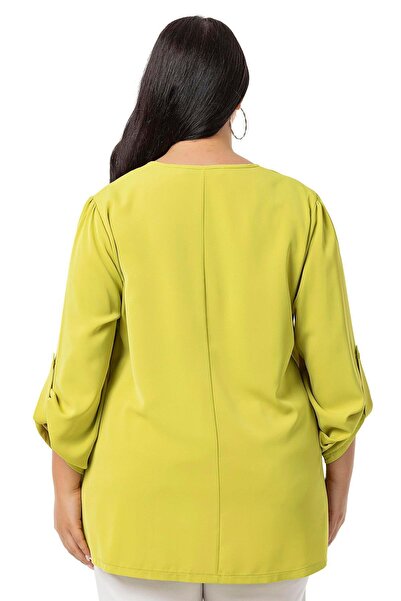 DISENTIS MODEST Pistachio Green V-Neck Pleated Plus Size Blouse - Folded Sleeves