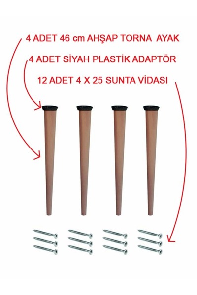 Fahrettin Küçük 4'lü 46 Cm Doğal Ahşap Ayak Konik Çocuk Masa-Sandalye-Tabure-...