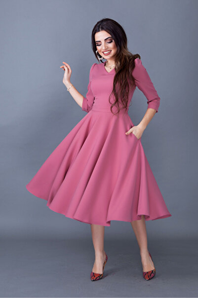 RURIS Kadın Gül Kurusu Cep Detaylı V Yaka Kloş Midi Boy Abiye Mezuniyet Elbise