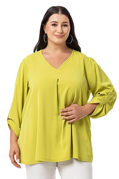 DISENTIS MODEST Pistachio Green V-Neck Pleated Plus Size Blouse - Folded Sleeves