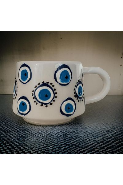 İlbay Çini Takı Blue Ceramic Round Evil Eye Cup and Nescafe Cup