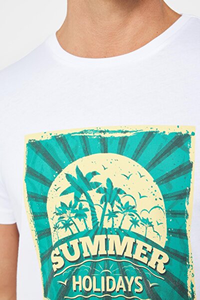 Tudors Tricou Slim Fit pentru bărbați, 100% bumbac, cu textura moale, cu imprimeu, alb, cu guler rotund