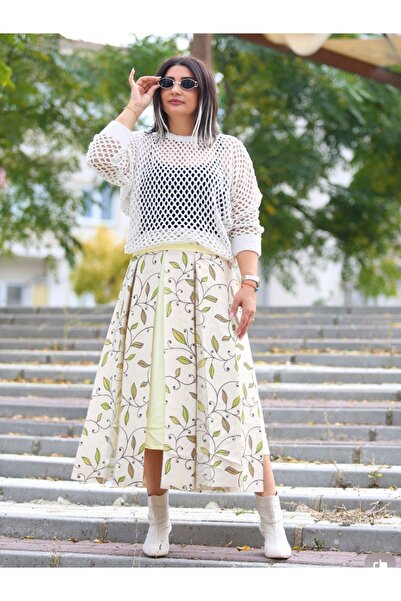 GallanD Desenli Astarlı Tarz Parçalı Bedensiz Tasarım Yeni Sezon Kadın Etek Kemerli Pratik Uzun Geniş Pilili