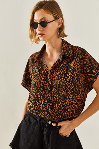 Bianco Lucci Koszula damska z wiskozy we wzory - krótki rękaw, model 40831005