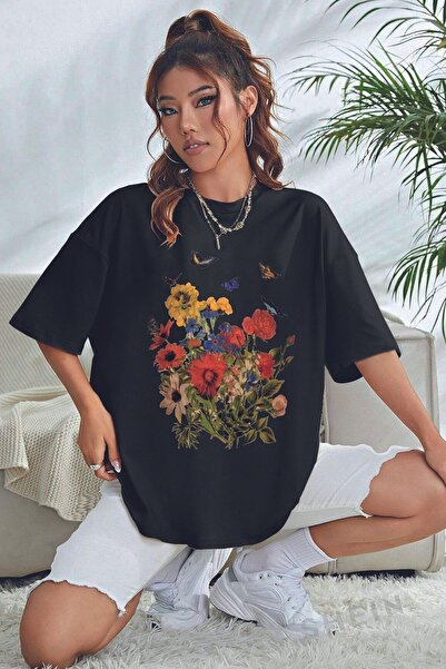 over head oh Tricou oversize negru - imprimat cu fluturi și flori
