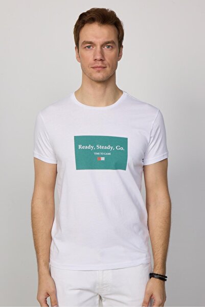 Tudors Men's Slim Fit Slim Fit 100% Cotton Soft Texture Printed White Crew Neck T-Shirt