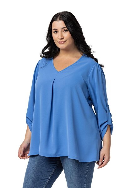DISENTIS MODEST Μπλούζα Indigo με V λαιμόκοψη - Plus Size, πτυχωτή, μανίκια