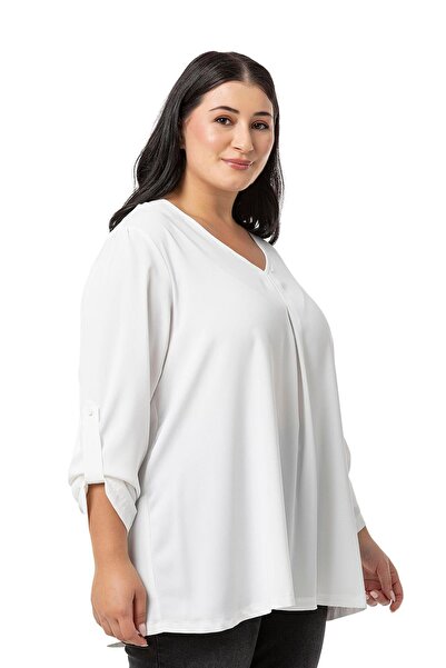 DISENTIS MODEST V-Neck White Blouse - Plus Size, Pleated and Folded Sleeves