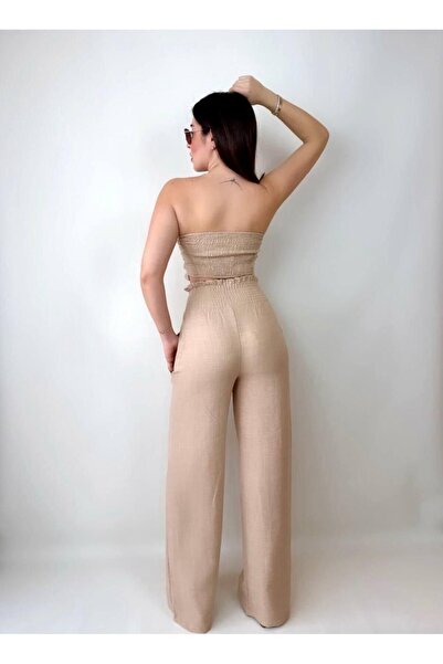 rengamoda Women's Linen Fabric Elastic Crop and Trousers Double Set (Colorful)