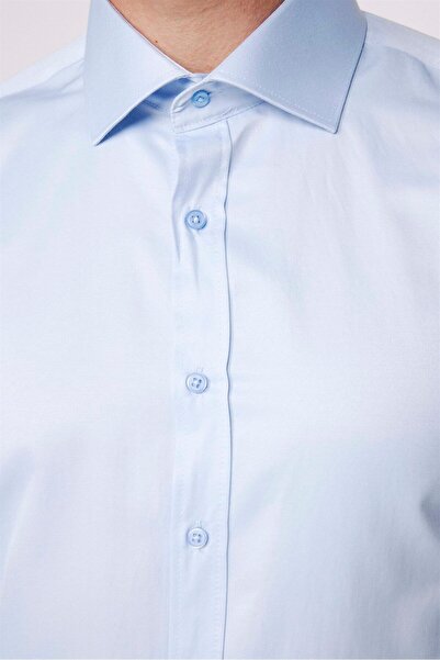 Tudors Modern Slim Fit Uzun Kollu Düz Saten Pamuklu Erkek Mavi Gömlek