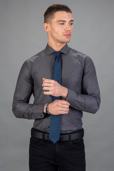 Tudors Moderní pánská šedá košile Slim Fit s dlouhým rukávem z bavlny Easy Iron Dobby