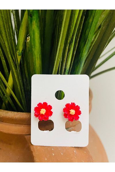 1PARÇAMAVİ Red Flower Clip Children's Earrings - Non-perforated Ear Earrings