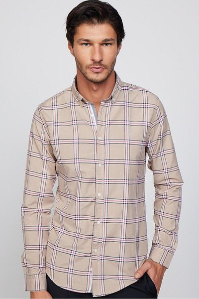 Tudors Slim Fit Long Sleeve Buttoned Collar Checked Cotton Easy Iron Men's Shirt